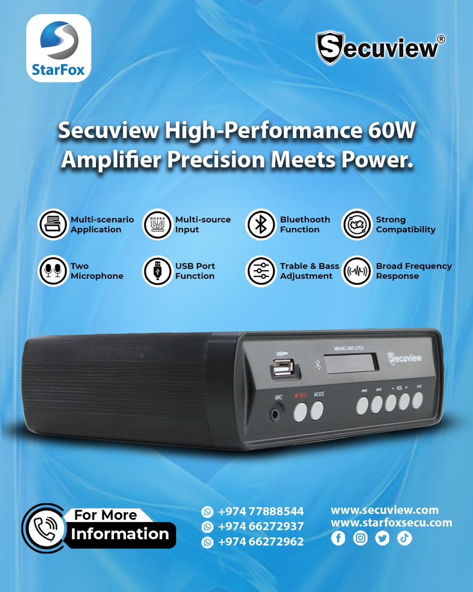 StarfoxSystem's tweet image. Secuview High-Performance 60W Amplifier Precision Meets Power.
Order Now:
secuview.com
Sales Dept.: +974 77888544 / 66272962
Showroom: +974 66272937
🌐 : starfoxsecu.com
#PAudioSysteminqatar #ProfessionalAudio #Secuview #SoundEngineering #AudioEquipment #star