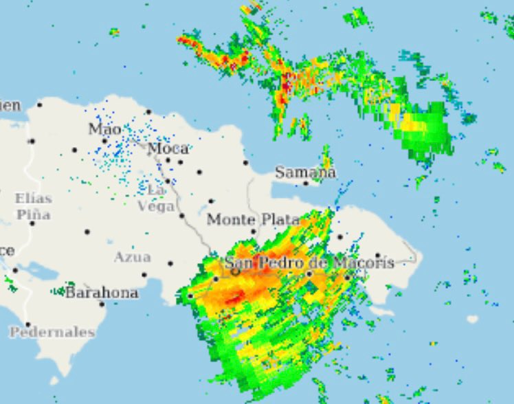 Actualmente, el radar Doppler dominicano, esta registrando ecos de lluvias precipitables de diferentes intensidades sobre distintas provincias del: sureste ,(incluyendo el GSD y D.N) y algunas localidades de la región noreste...