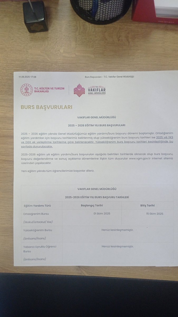 2025-2026 dönemi burs başvuru 1 Ekim -15 Ekim tarihleri arasındadır. Bütün öğrencilerin başvurmasını bekliyoruz