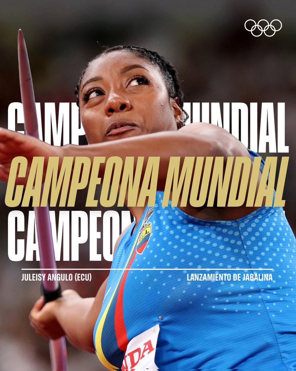 JULEISY ANGULO, CAMPEONA MUNDIAL 🇪🇨

La ecuatoriana consiguió la medalla de oro en la prueba de lanzamiento de jabalina en el Mundial de Atletismo <a href="/WATokyo25/">東京2025世界陸上/World Athletics Championships Tokyo 25</a> con una marca de 65.12 m. 

¡Orgullo tricolor! 💛💙❤️

#RoadToLA28 #WorldAthleticsChamps | <a href="/TeamEcuador_Oly/">Team Ecuador</a>