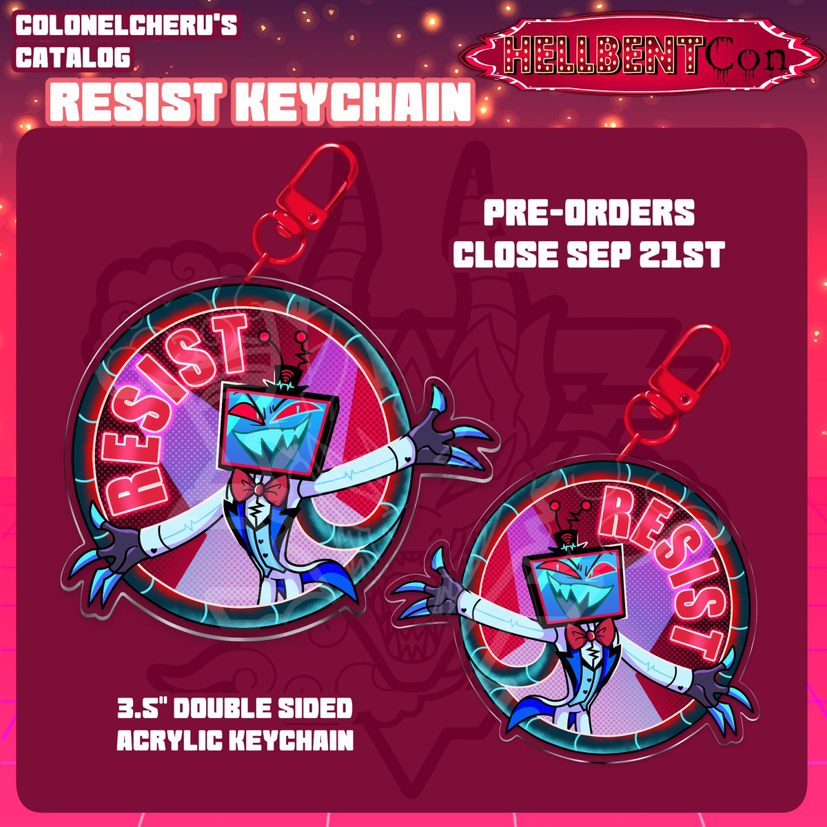 ColonelCheru's tweet photo. Keychain won the poll at my #Hellbentcon shop!
So I'll be releasing this #Vox Resist keychain for a 2 day preorder! π₯π₯π₯
Grab it before it's gone! :D https://t.co/jzkH2vfeAn