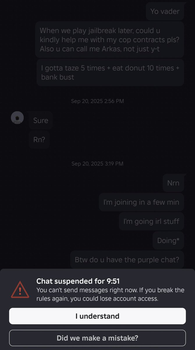 arkas1006's tweet image. @Roblox cares about blocking the word “discord” in chat, but doesn’t care about banning pedos. Js got my chat suspended for 10 min for trying to spell it out, unbelievable bruh
#cancelroblox