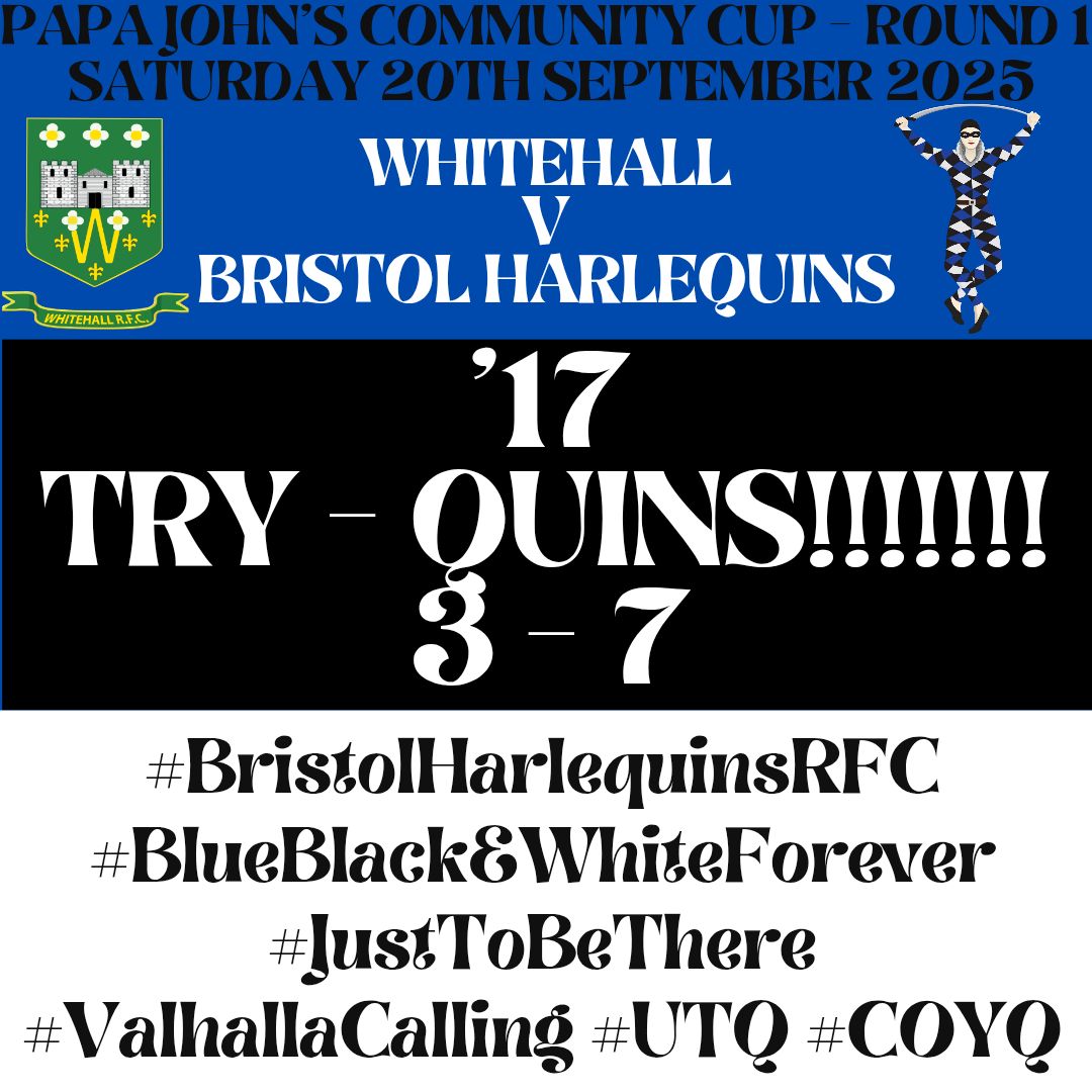 TRY FOR QUINS!!!!!

Quins take the lead great team work with James Woodman dotting down! Conversion added by Christie Maclaurin, sponsored by Hamilton Lodge Fishguard

3 - 7

🔵⚫️⚪️

 #BristolHarlequinsRFC #BlueBlackAndWhiteForever #JustToBeThere #UTQ #COYQ