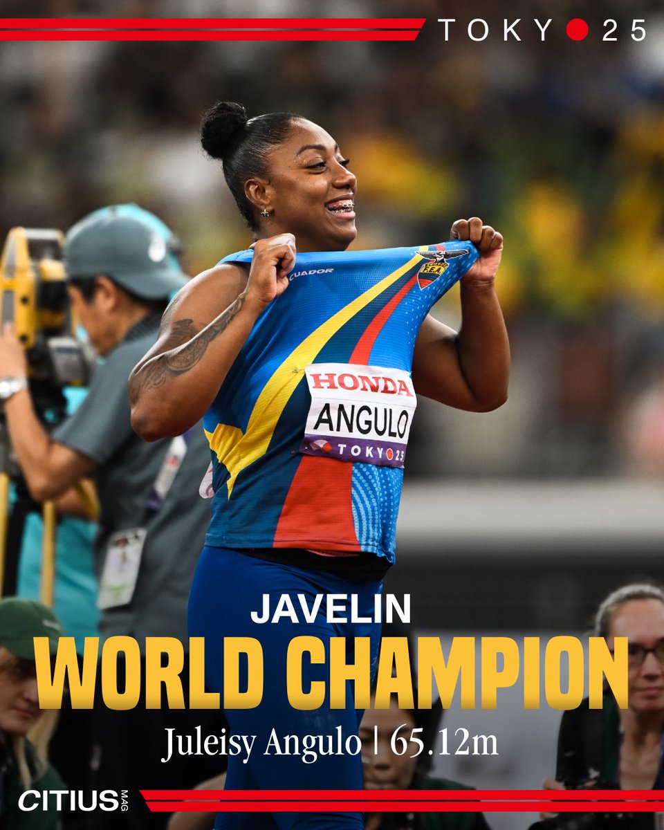 FIRST GOLD FOR ECUADOR 🥇

Juleisy Angulo 🇪🇨 has the kind of #WorldAthleticsChamps every athlete dreams of, as she sets consecutive PBs in the javelin qualifying and final to improve her best over 4 meters and claim Ecuador’s first ever gold, only second ever medal, with a 65.12m