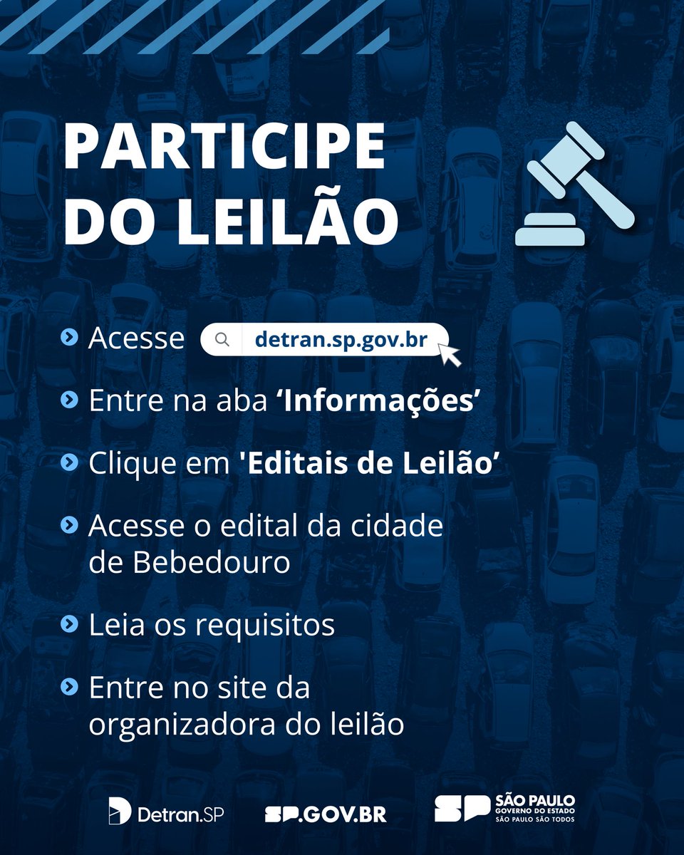 Detran-SP anuncia novo leilão em Bebedouro, no dia 29 de setembro.

Os veículos poderão ser visitados entre os dias 22 e 26 de setembro, das 9h às 16h, no pátio indicado no edital.

Fique por dentro das informações!

#DetranSP #Leilão #Veículos #Bebedouro