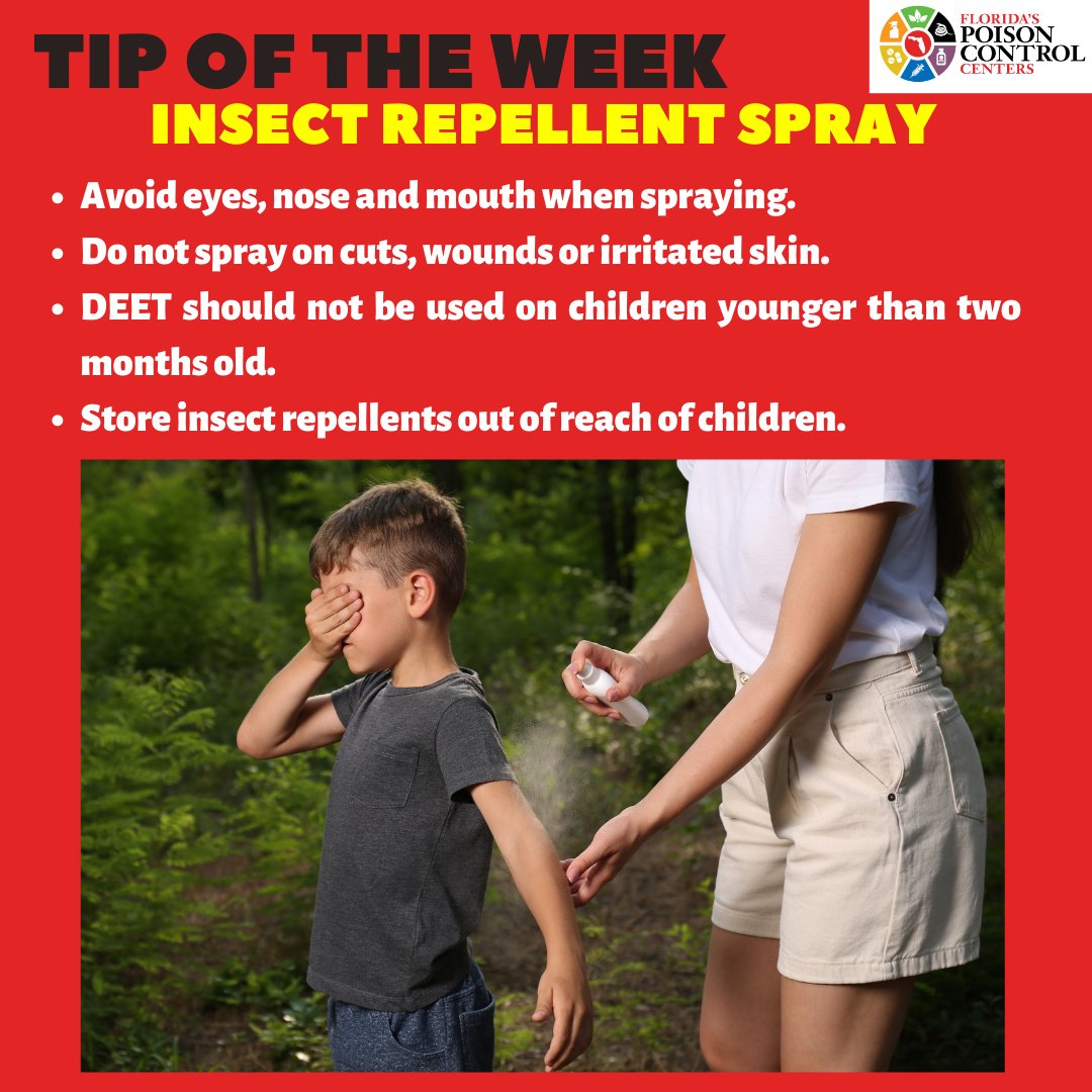 FloridaPoison's tweet photo. Are the mosquitoes bugging you❓
🦟 Read the safety tips when using insect repellent. For questions or exposures call ☎️1-800-222-1222 ☎️for free, confidential, expert advice 24/7/365. #poisonprevention #repellent #mosquitoes https://t.co/9SehL8Tpyp