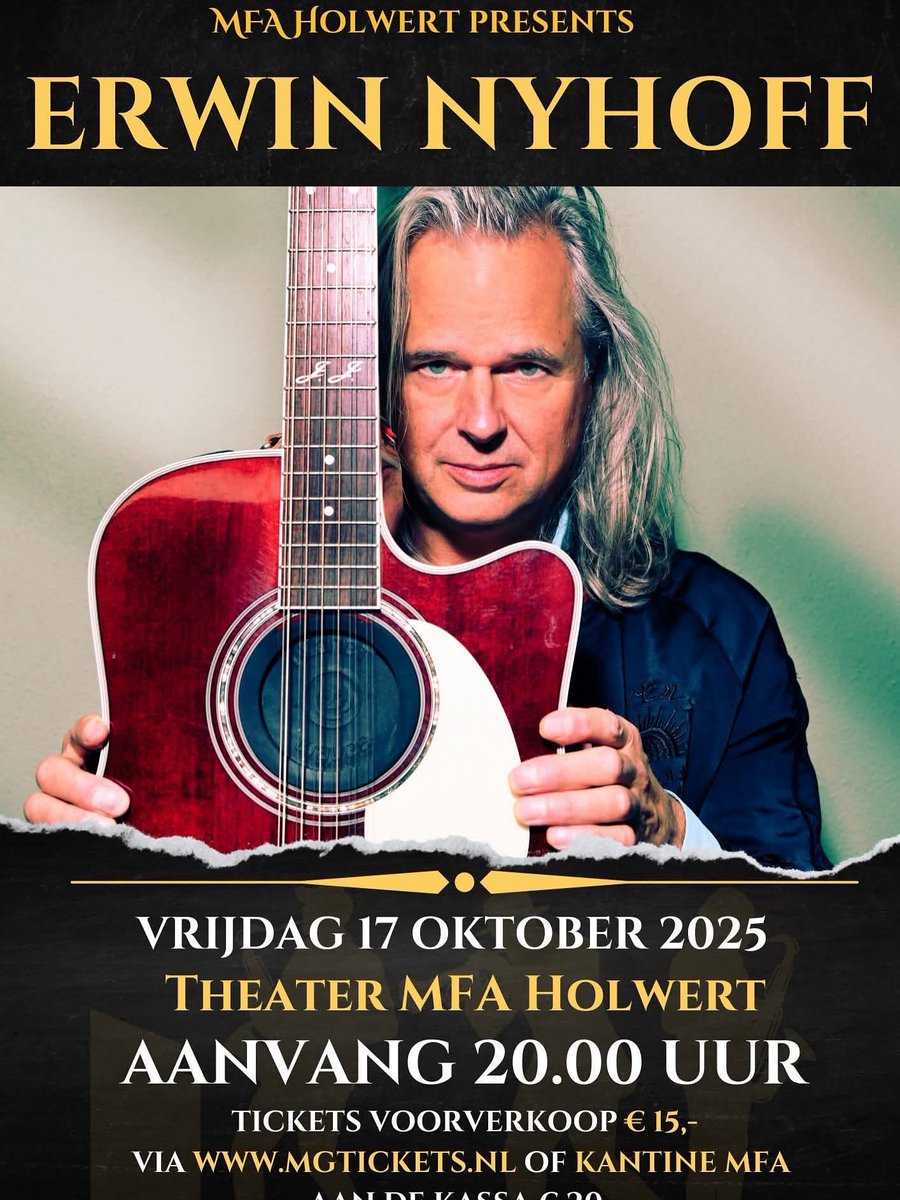 Morgen uitverkocht maarVrijdag 17 okt MFA  "de Ynset" Holwerd hebben nog plaats genoeg! Mochten jullie nog vrienden hebben?😀 Extra leuk.Willie Boonstra die jaren de fanclub vanuit Holwerd runde komt ook!Ik zal daar behoorlijk wat eigen liedjes gaan spelen mgtickets.nl/event/2896/Erw…
