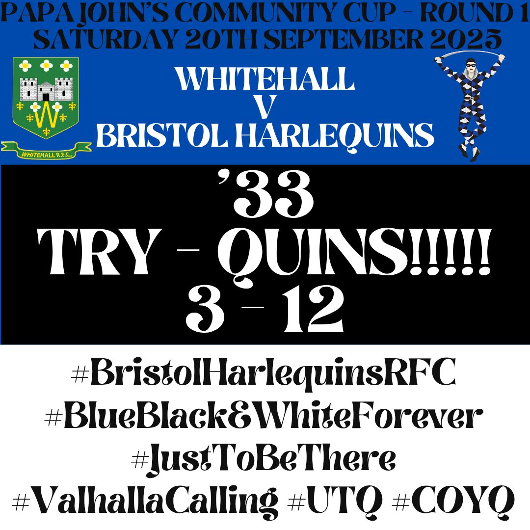 TRY FOR QUINS!!!!!

Quins add a 2nd. Great work down the wing with the Parsons combining well together popping the ball for Max Hickes to crash over!

3 - 12

🔵⚫️⚪️

 #BristolHarlequinsRFC #BlueBlackAndWhiteForever #JustToBeThere #ValhallaCalling #UTQ #COYQ