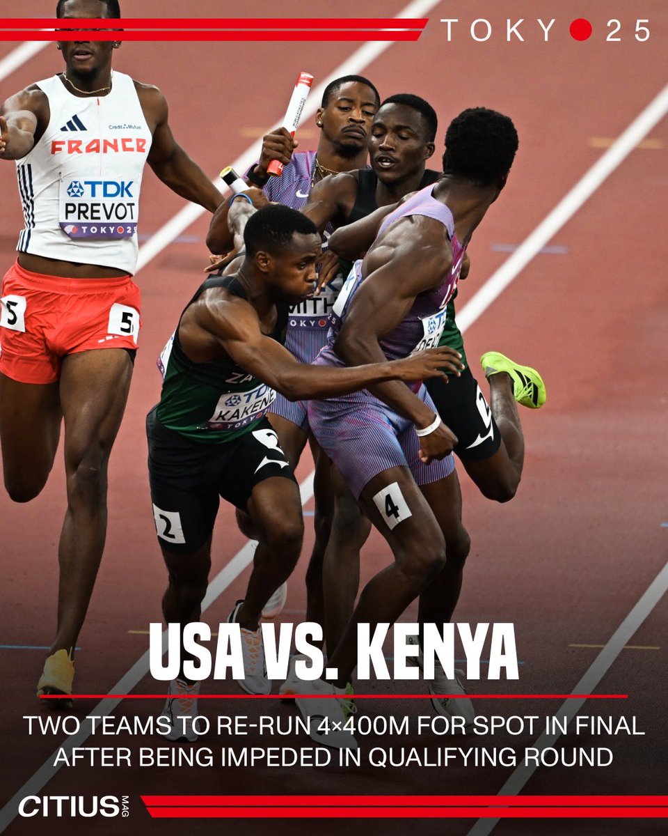 CitiusMag's tweet image. 🚨 RELAY UPDATE 🚨
After ruling that both Team USA and Team Kenya were impeded during the rounds of the #WorldAthleticsChamps 4x400m qualifying, World Athletics rules that both teams will run a head-to-head re-race for a spot in the final.