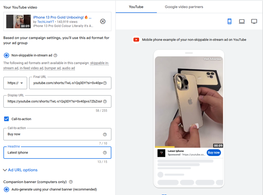 mohsinlogics's tweet photo. 🚀 Just launched another powerful YouTube Ads campaign for my client!

👉 Non-skippable in-stream ad highlighting the iPhone 13 Pro Gold 📱✨

Helping brands turn viewers into customers — one ad at a time. 🔥

#YouTubeAds #antifa #digitalMarketing #maresca #googleAds #luftraum https://t.co/qazYINYg8u