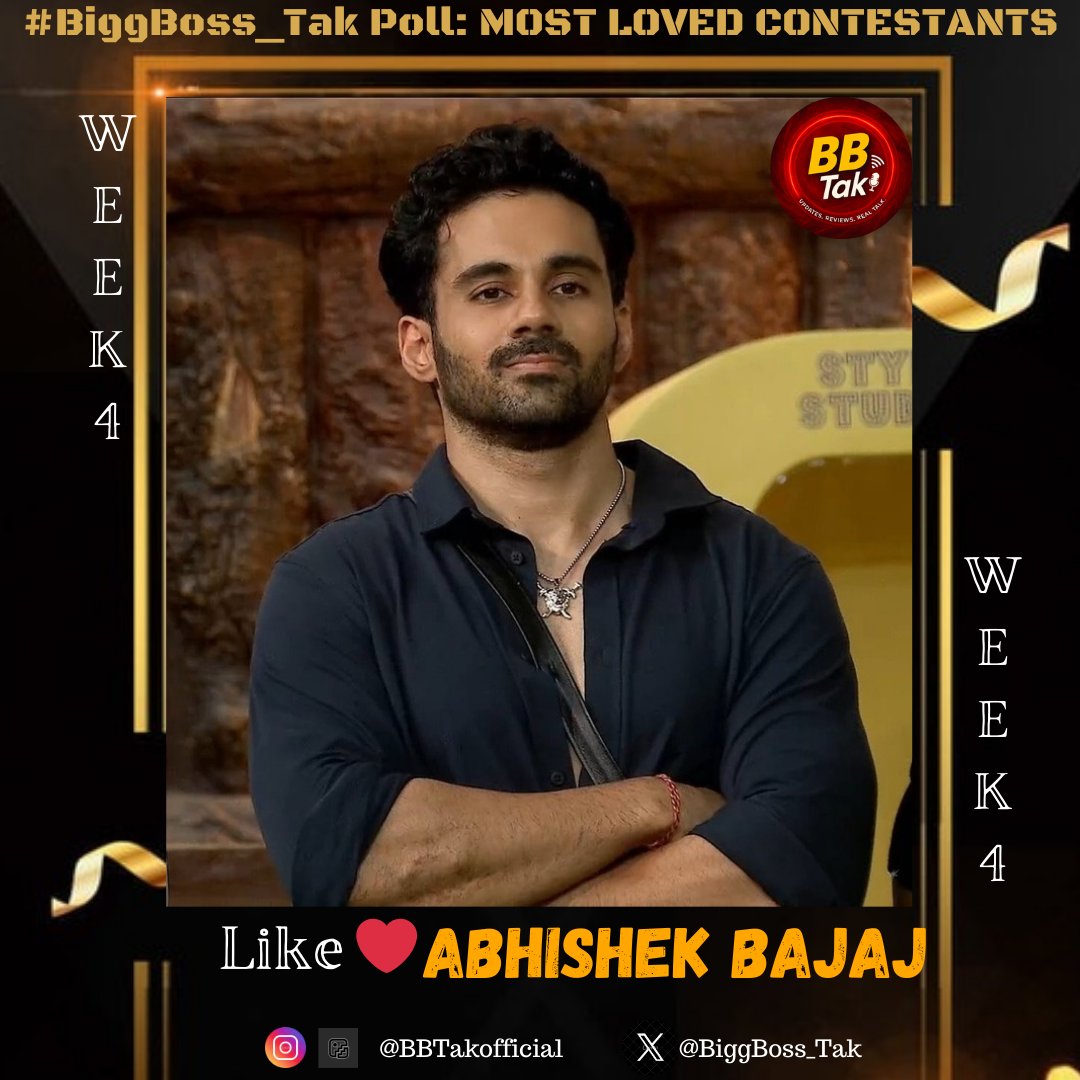 BiggBoss_Tak's tweet image. Biggest &amp;amp; Most Authentic #BiggBoss_Tak Poll: #BB19 (Week-4)

Like ❤️ If you&apos;re supporting
#AbhishekBajaj in #BiggBoss19

Poll to end Tomorrow (Sunday) 10PM

#BB19WithBiggBoss_Tak #BBTak #BiggBoss #BB
