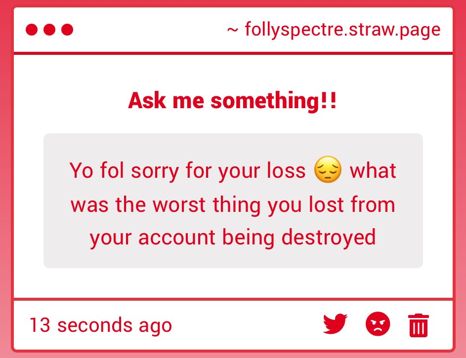 follyspectre2's tweet photo. Losing all my dms kinda hurt skjk

I met some super nice people through this account so it really sucks that the entire record of our friendship is GONE i was frowning big time after that one https://t.co/CvGDc5i14C