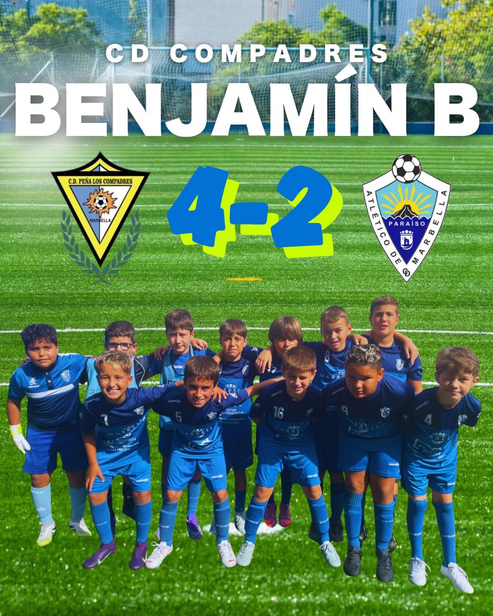 Benjamin 🅱️!

CdCompadres 4 
Marbella paraíso 2

Victoria en otro amistoso de pretemporada contra un buen rival de nuestra misma categoria. 

El equipo hizo un buen partido de principio a fin a seguir preparando la pretemporada 💙

Vamos Compadres 🔵 

#marcamarbella