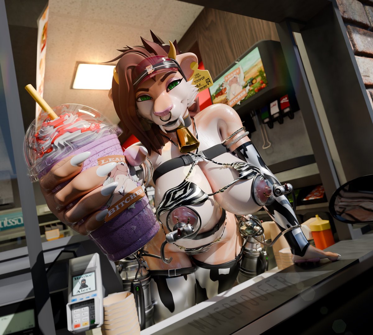 𝓛𝓮𝓪𝓴𝔂 𝓑𝓲𝓽𝓬𝓱𝓮𝓼 🖤🤍🐮

“Do you want the best coffee or milkshakes in town? Then we got you covered baby~
Come on in to receive fresh from the tap milk for any small, medium, or large shakes!”

Artist is me 🖌️🎨