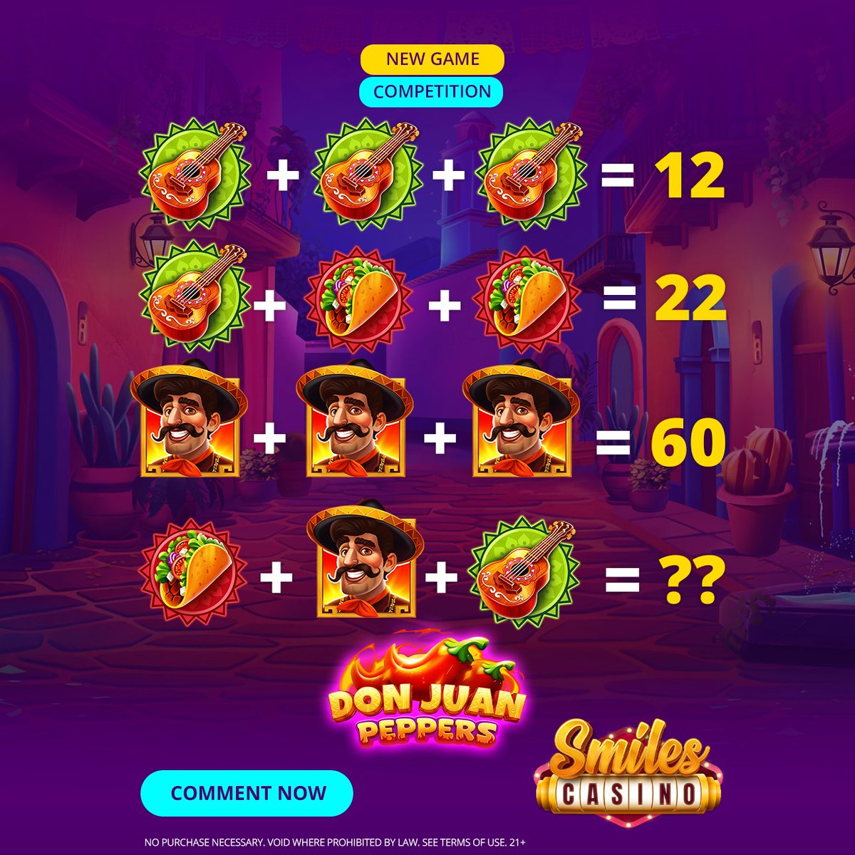 Can you figure out the correct number? 🤔

It’s inspired by Don Juan Peppers, our fiery new game where siesta turns into fiesta! 🌶️
Spin through a colorful Mexican town with Don Juan himself — the charming amigo in a sombrero who brings the heat with every spin. 🎉

#SmilesCasino
