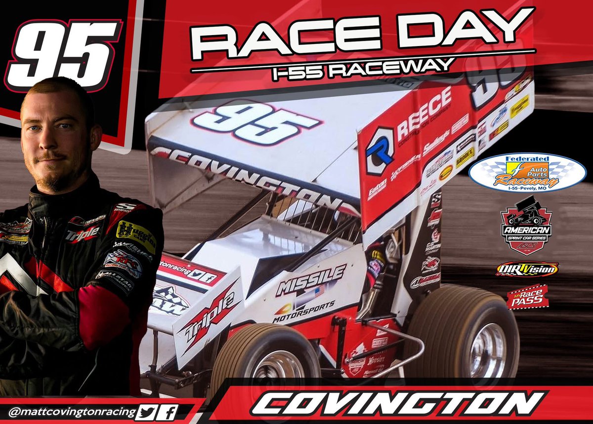 Matt Covington 95 (@mattcovington95) on Twitter photo RACE DAY!!
Trip over to Missouri tonight with the <a href="/ASCSRacing/">American Sprint Car Series</a> to take on the fast <a href="/I55Raceway/">I-55 Raceway</a>.
Live Stream:
๐ฅ๏ธ<a href="/dirtvision/">DIRTVision</a>
Scoring and lineups:
๐ฑ<a href="/MyRacePass/">MyRacePass</a>
Merch: shopmattcovington.com RACE DAY!!
Trip over to Missouri tonight with the <a href="/ASCSRacing/">American Sprint Car Series</a> to take on the fast <a href="/I55Raceway/">I-55 Raceway</a>.
Live Stream:
๐ฅ๏ธ<a href="/dirtvision/">DIRTVision</a>
Scoring and lineups:
๐ฑ<a href="/MyRacePass/">MyRacePass</a>
Merch: shopmattcovington.com