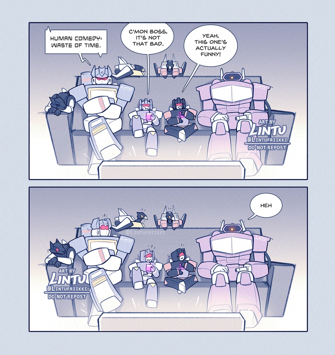 Lintufriikki's tweet photo. Happy wavewave week!! 💜💙
Day 1: Comedy ✨

Rumble and Frenzy got their hands on some comedy tapes, but no one excepted Shockwave to enjoy them as well 🤭💕
#transformers #maccadam #wavewave https://t.co/1IutuDSgi9
