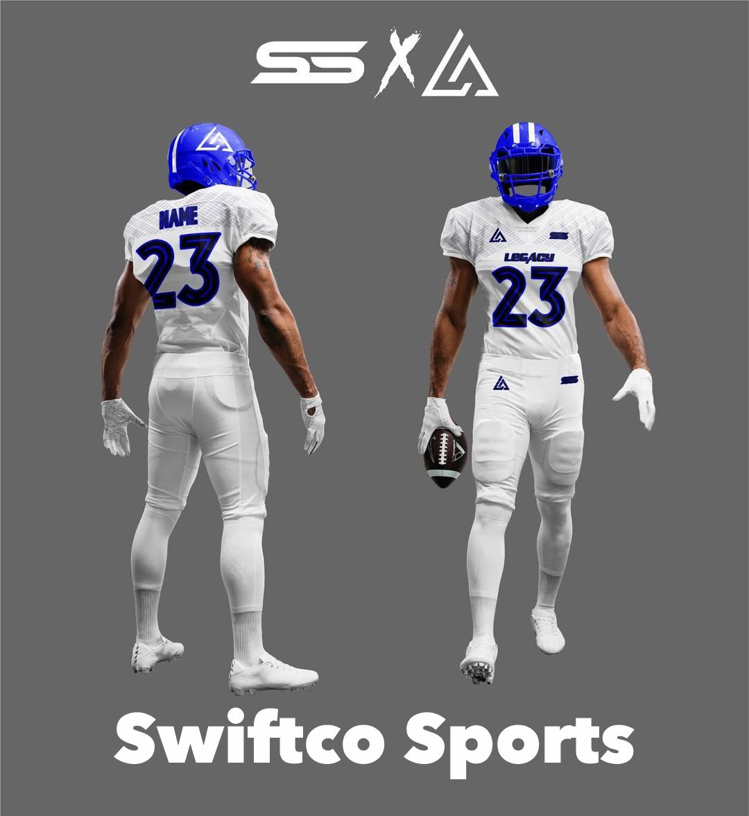 Legacy on the field. 🏈
Custom football mockups → Blue, Grey &amp; White looks.
Swiftco Sports craftsmanship ⚡
#LookGoodPlayGood #CustomFootballUniforms