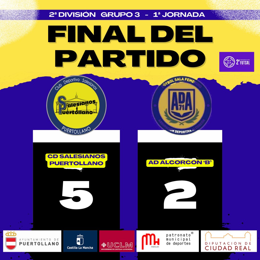 40' ¡Final del partido! Los tres primeros puntos se quedan en casa tras un partido completísimo de nuestras chicas. 

<a href="/CDSalesianosPto/">CD Salesianos Puertollano</a> 5⃣-2⃣ <a href="/ADAlcorconFSF/">A.D. Alcorcón F.S.F.</a> 'B'

⚽️⚽️ <a href="/vickyalmagro/">Vicky Bella Ledesma</a> 
⚽️ <a href="/Andrea_gnzzz11/">Andrea</a> 
⚽️ <a href="/ElenaAcevedoJ11/">Elena Acevedo</a> 
⚽️ <a href="/lauralatorre_lm/">laura latorre</a> 

#VamosSalesianos 💛