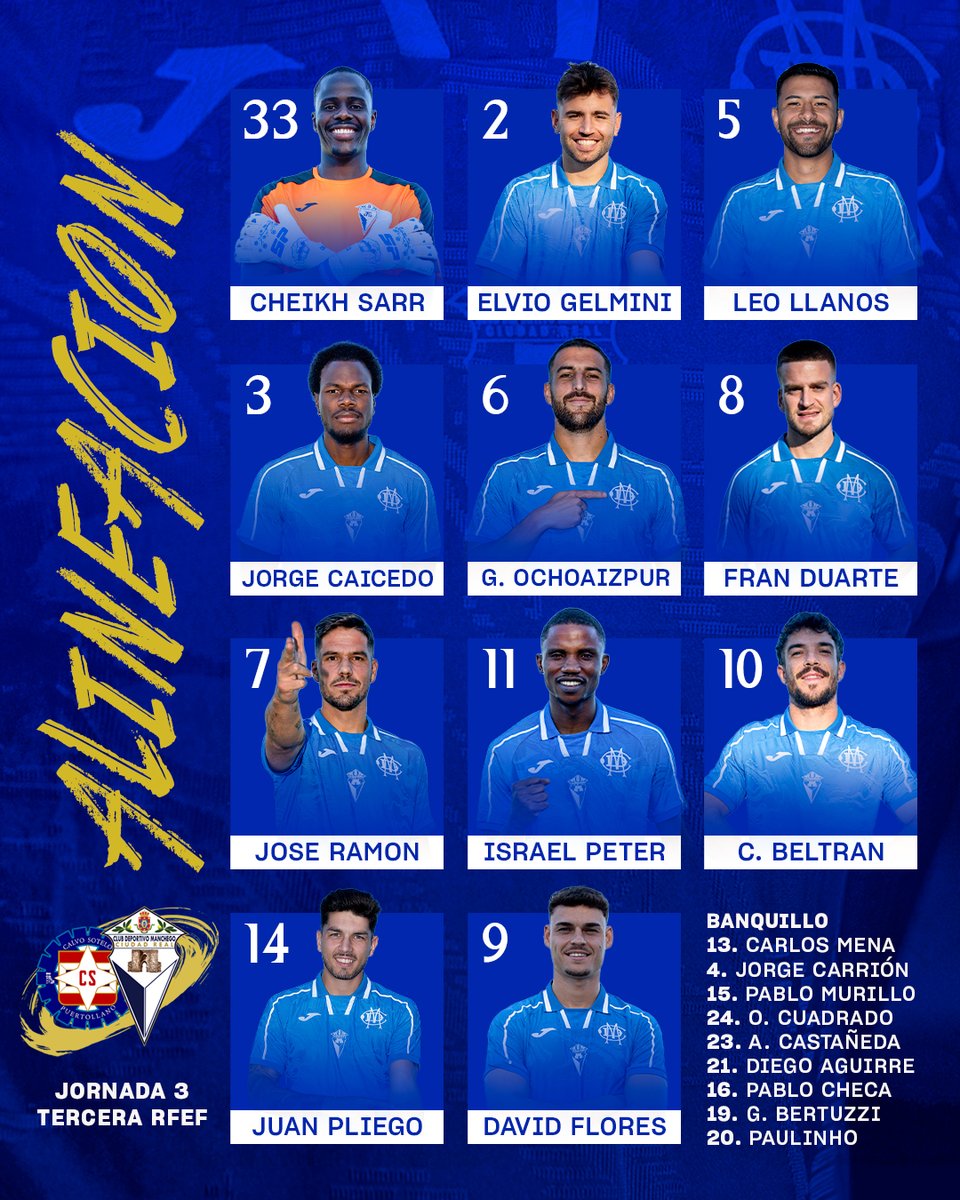 🔵 ALINEACIÓN ⚪️

🆚 <a href="/cspuertollanocf/">CS Puertollano CF</a>
⏰ 18:00h
🏟 El Cerrú
🏆 Tercera RFEF - Grupo XVIII

#SomosCLM #FútbolCLM #CiudadReal

<a href="/FFCM_es/">FFCM</a> <a href="/rfef/">RFEF</a>

#AupaManchego 💙🤍