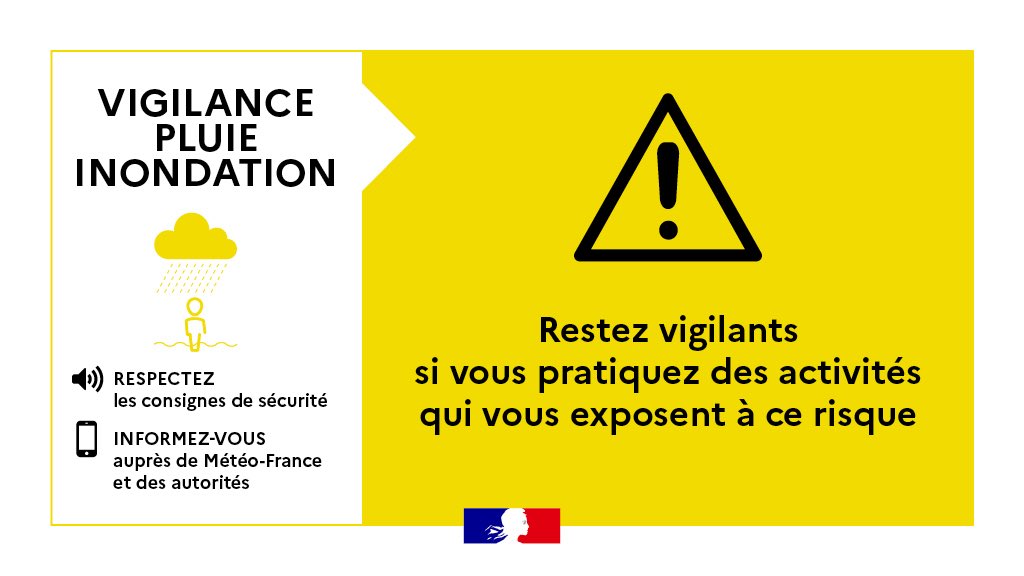 ⚠️ L’#Hérault sera placé ce dimanche par <a href="/meteofrance/">Météo-France</a> en vigilance :
🟡⛈️ jaune orages de 5h à 19h
🟡🌧️ pluie-inondation de 12h à 18h

Des cumuls de pluie de l’ordre de 15 à 30mm sont attendus, avec localement 50 mm.

Soyez prudents dans vos déplacements et tenez vous informés de