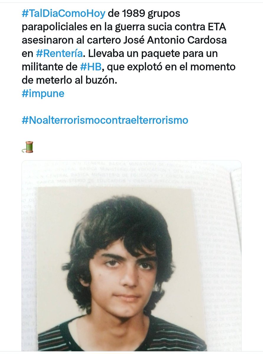 Consuelo Ordóñez (@consuorf) on Twitter photo Por favor vuelvo a pediros ayuda con las víctimas de hoy, tres guardias civiles asesinados por ETA en #Markina, el conserje del atentado del Papus, Juan Peñalver, por terrorismo de extrema derecha (AAA) y José Antonio Cardosa, asesinado por terrorismo parapolicial.
🧵 Por favor vuelvo a pediros ayuda con las víctimas de hoy, tres guardias civiles asesinados por ETA en #Markina, el conserje del atentado del Papus, Juan Peñalver, por terrorismo de extrema derecha (AAA) y José Antonio Cardosa, asesinado por terrorismo parapolicial.
🧵