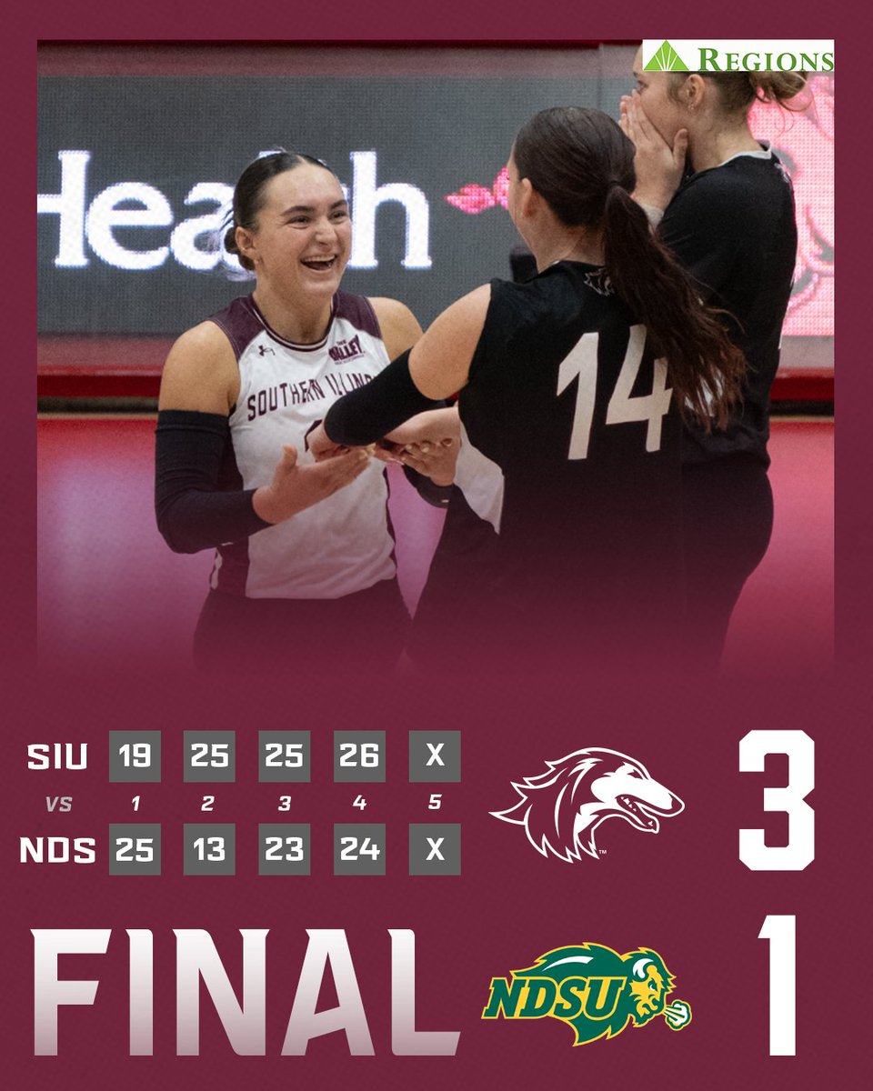 Now 𝙏𝙃𝘼𝙏 is how you wrap a weekend 🎉🔥

After dropping set one, the Salukis stormed back to take the next three sets and get a massive win over North Dakota State!

#Salukis | #BlindTrust | <a href="/RegionsBank/">Regions Bank</a>