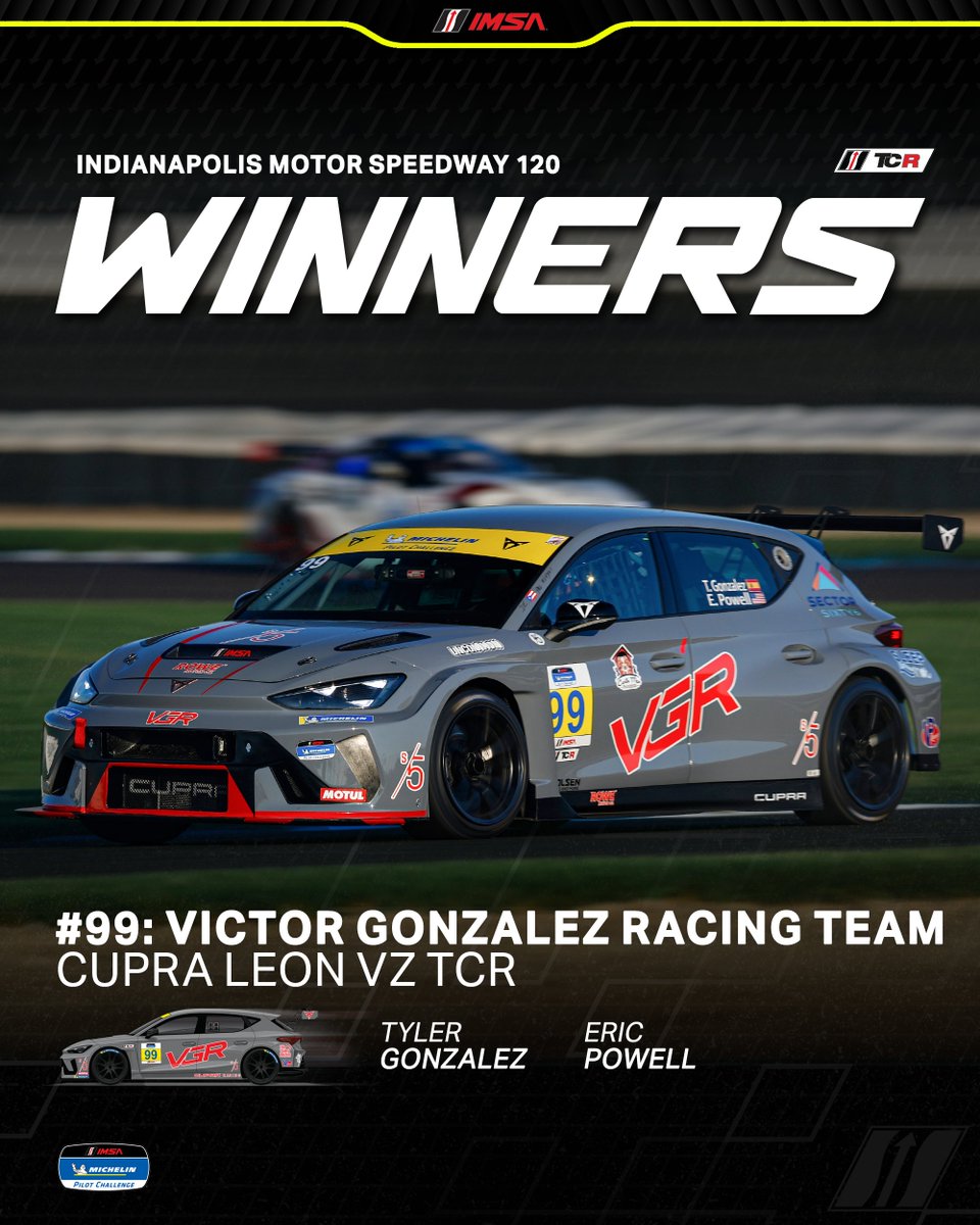 Congratulations to the No. 99 Victor Gonzalez Racing, Cupra Leon VZ Team on winning the Indianapolis Motor Speedway 120 in the TCR Class!! 

#VictorGonzalezRacing | <a href="/Cupraracing/">CUPRA Racing</a>