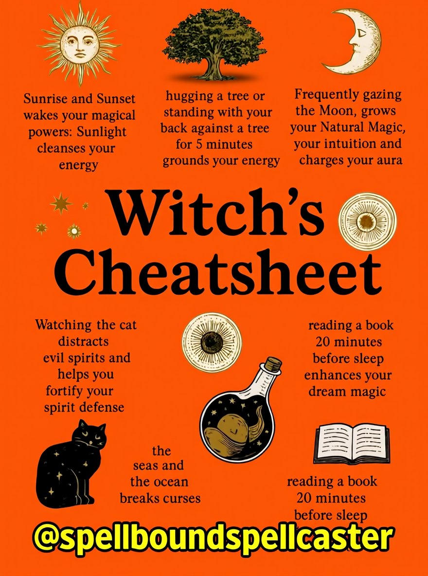 Spells and Psychics - Love Spell Caster (@spellsandpsychi) on Twitter photo ๐ฎ Witchโs Cheatsheet โจ
๐ Sunrise cleanses your aura
๐ณ Hugging trees grounds energy
๐ Moon gazing boosts intuition
๐ Cats protect your spirit
๐ Ocean breaks curses
๐ Reading enhances dream magick
More tips ๐ spellsandpsychics.com ๐ฎ Witchโs Cheatsheet โจ
๐ Sunrise cleanses your aura
๐ณ Hugging trees grounds energy
๐ Moon gazing boosts intuition
๐ Cats protect your spirit
๐ Ocean breaks curses
๐ Reading enhances dream magick
More tips ๐ spellsandpsychics.com