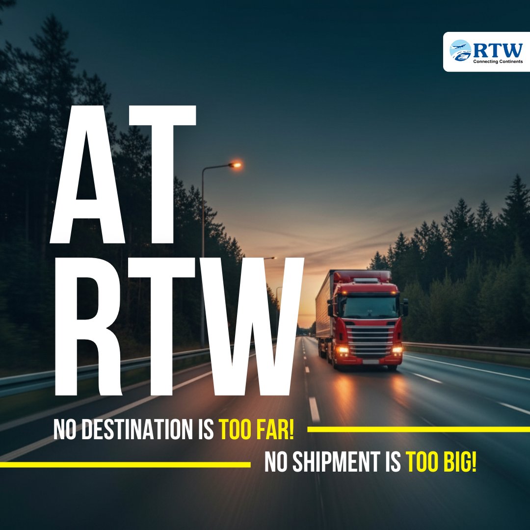 At RTW Logistics, we believe in breaking barriers!

➡️ No destination is too far.
➡️ No shipment is too big.

From local hauls to global moves, we deliver with reliability and speed. 

#RTWLogistics #GlobalShipping #FreightForwarding #LogisticsSolutions #ConnectingContinents