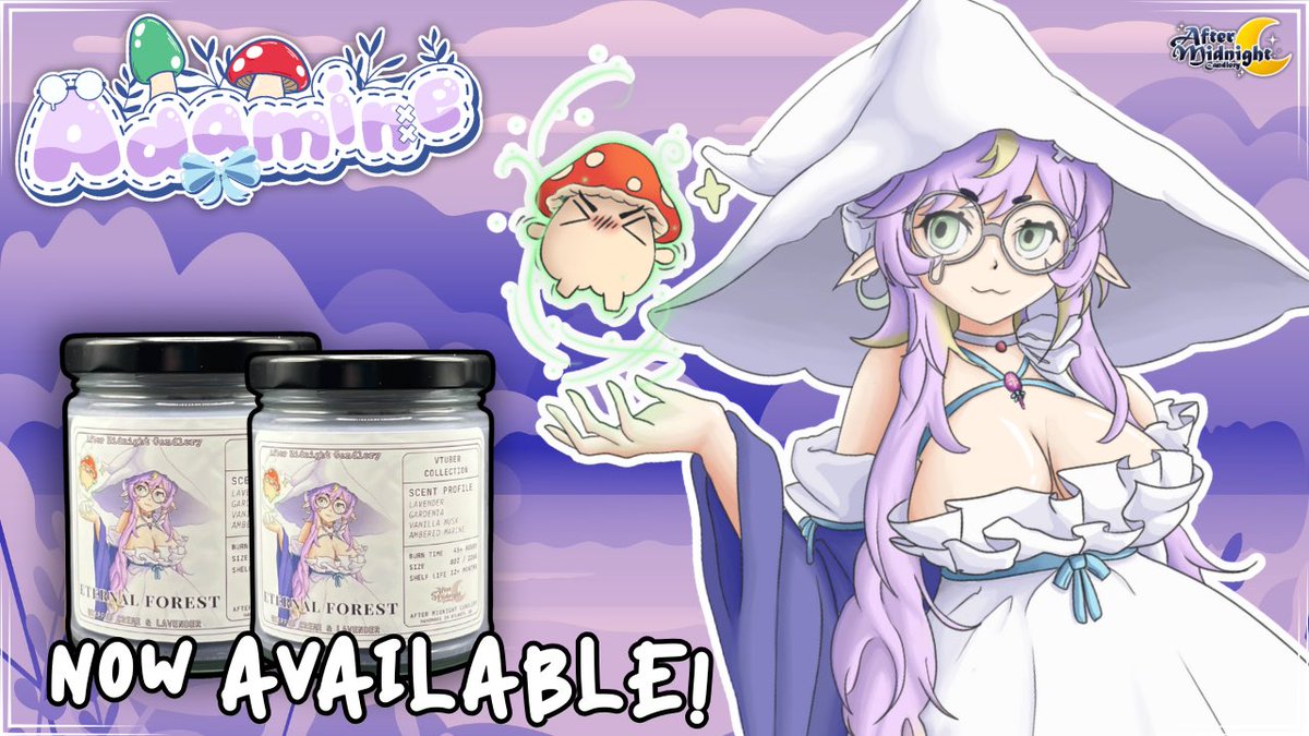 🍄 Eternal Forest 🍄
> <a href="/AM_Candlery/">🕯️AMCandlery🕯️Vtuber Candles & Melts</a> x <a href="/adamine_xo/">adamine 🌿𓋼𓍊</a> <
Rich lavender and gardenia blend with the warm notes of vanilla musk and ambered marine to send your senses into true relaxed bliss!

#AMCandlery | #AdamineArt