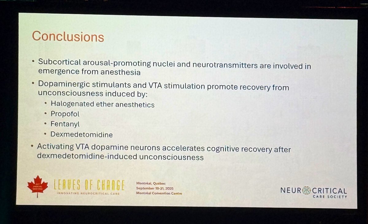 ampnguyen's tweet photo. Very interesting talk on reversing the effect of GA by targeting arousal pathways rather than the pleiotropic targets of anesthetics. Here, dopaminergic pathways were targeted (via D-amphetamine or DBS) and triggered arousal even with ongoing sevoflurane or propofol. #NCS2025 https://t.co/BloO7L1bLe