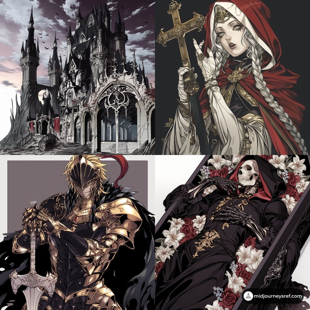 Gothic x Manga. Opulent, dark, dramatic 🖤
--sref 746405411 --v 7 --sv 4
Tip: push black/red/gold, ornate motifs, high contrast ✨#midjourney #sref
