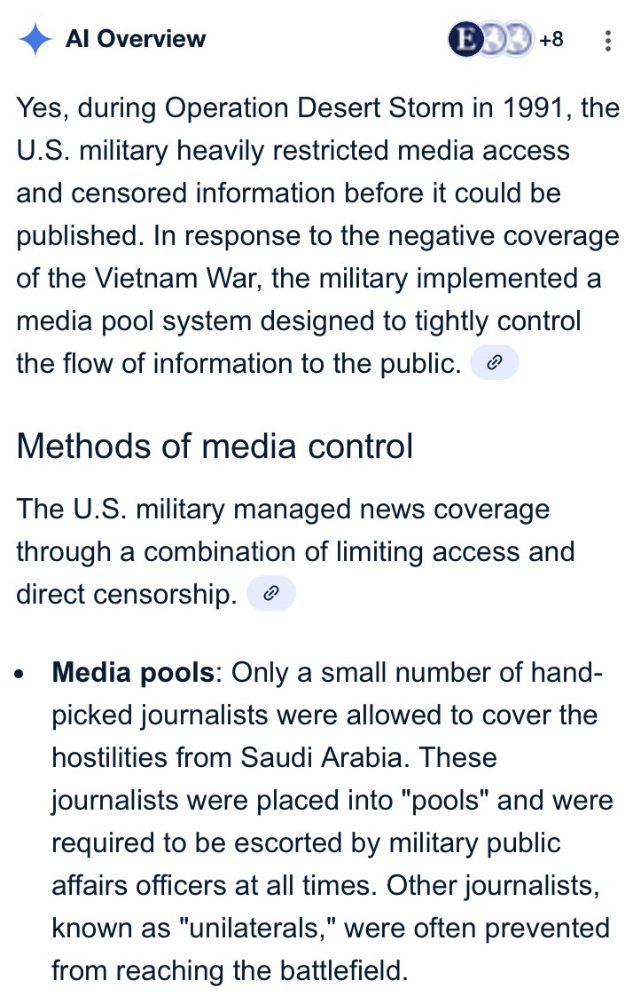 GracieNunyabiz's tweet image. And let’s not forget MSM journalists had limited access during 1991 Operation Desert Storm.

The precedent for the Military to limit access during times of high stake crisis is well established.  @SecWar is not doing anything new.

Perhaps @politico, you should *read the room*