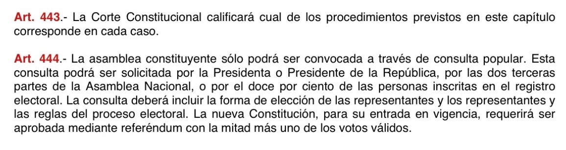 He recibido comentarios sobre la afirmación de que el presidente requiere el dictamen de la <a href="/CorteConstEcu/">Corte Constitucional</a> para llamar a consulta para la constituyente, abajo los artículos aplicables.  No hay mucho más que decir