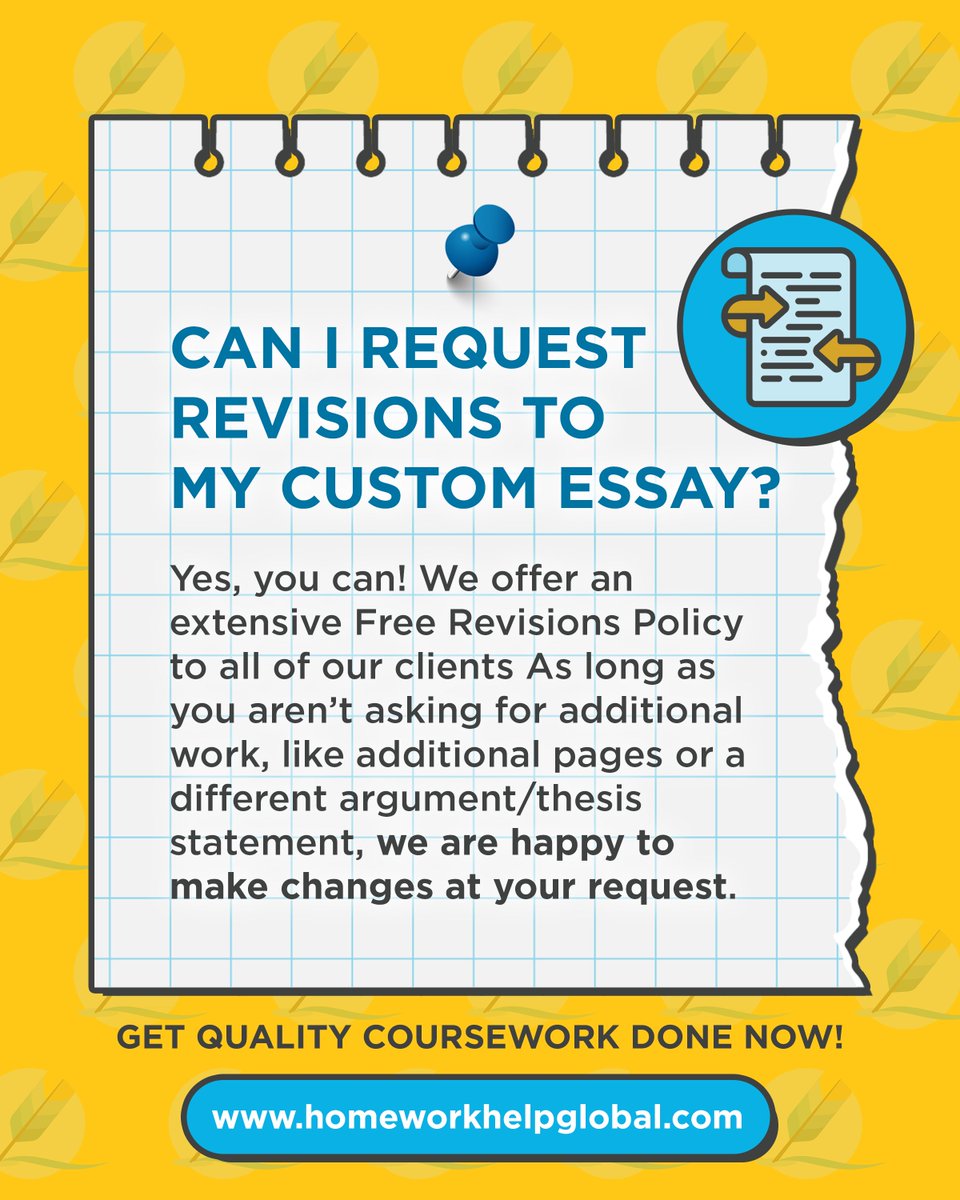 HomeworkHelpInc's tweet image. Not 100% satisfied with your essay? 🤔 Don’t worry, because Homework Help Global is more than happy to offer free revisions! 📄🔄
We’ll make sure you’re confident enough to submit your paper. 💯
🌐 homeworkhelpglobal.com