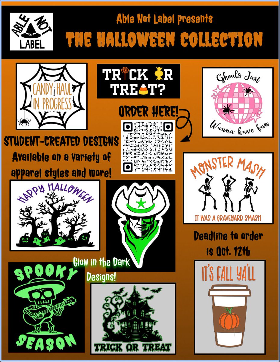 AbleNotLabel's tweet image. With the spooky season creeping up on us, we’re excited to share the 2025 Halloween Collection! 💀🎃👻

Students in the CBI classes worked in collaborative groups to create some wickedly cool designs. 

Order your gear here: forms.gle/c5EsoiicmP5AA2…