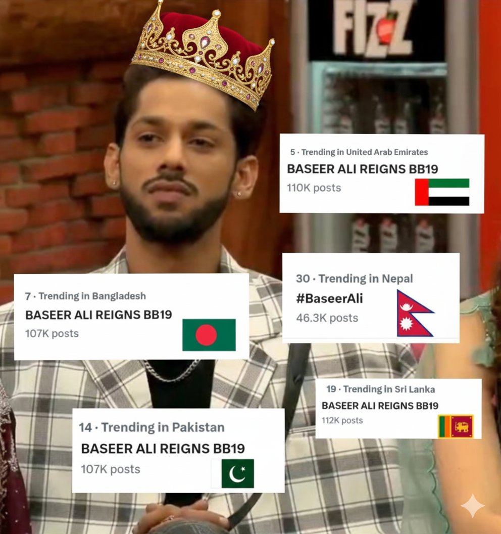 rbr_mmrb's tweet photo. King @Baseer_Bob is The 1st #BB19 Contestant Who's TRENDING Currently. many Countries 
7: Bangladesh 
5: UAE
3: NEPAL
4: SRILANKA 
14: PAKISTAN 

BASEER FANDOM IS THE MOST POWERFUL FANDOM OF THE SEASON 🔥🔥

#BiggBoss19 
BASEER ALI REIGNS BB19 https://t.co/Gj67hkrf2X