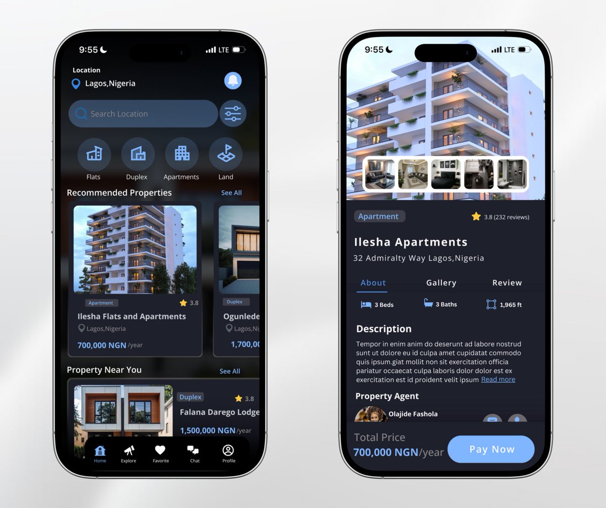 Myqel_e's tweet image. Day 20 of #30DaysofDesign 🎨
Dark mode or light mode? 🌑☀️
This real estate app concept explores both — sleek, modern, and user-friendly. From Lagos apartments to duplexes, the design makes property hunting effortless while keeping the UI elegant.  #UIDesign #UXDesign