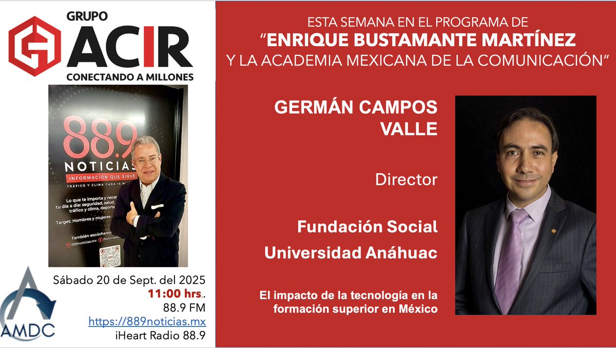 EnriqueB01's tweet image. Hoy en #MiProgramaDeRadio de la Academia Mexicana de la Comunicación, @Germán Campos Valle, Director de la Fundación Social Universidad Anáhuac.
La cápsula de Inteligencia Artificial @jhidalgo 
11:00 hrs 88.9 FM o 889noticias.mx y iHeart Radio 889