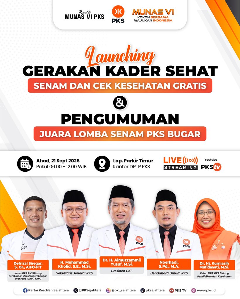 Launching Gerakan Kader Sehat dengan semangat menjaga kesehatan bersama, acara ini menghadirkan senam sehat dan cek kesehatan gratis untuk masyarakat.

Tak hanya itu, diumumkan pula Juara Lomba Senam PKS Bugar yang semakin memeriahkan suasana! 

📅 Ahad, 21 September 2025
🕕