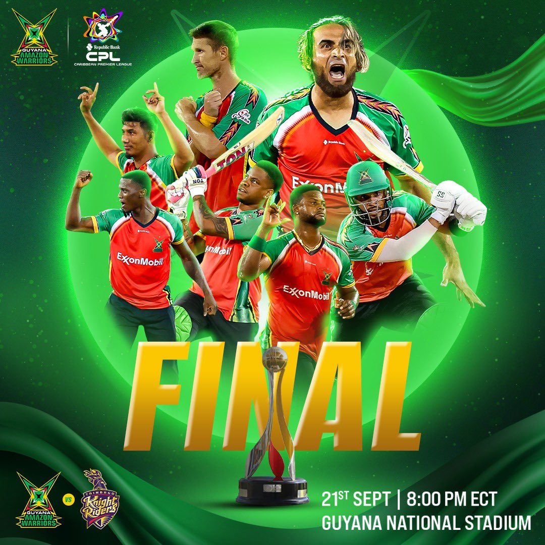 The trophy is within reach 🏆 

Let’s paint the stands GREEN and roar our boys to victory! 🌊💪

💚 Stand up. Shout loud. Believe. This is WARRIORS COUNTRY! 💚

#GuyanaAmazonWarriors #CPL25 #Finals #GAWvTKR