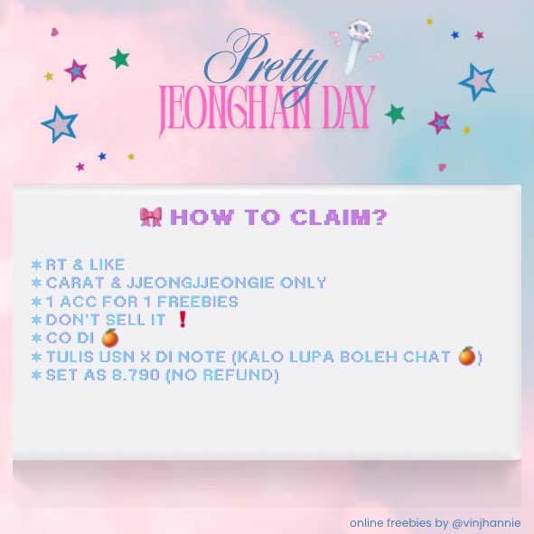౨ৎ˚⟡˖ ࣪  𝑷𝒓𝒆𝒕𝒕𝒚 𝑱𝒆𝒐𝒏𝒈𝒉𝒂𝒏 𝑫𝒂𝒚 ⋆౨ৎ˚⟡˖ 
~ online freebies by <a href="/vinjhannie/">𐙚 vina | coincidence 🪄</a> ୨ৎ

✶ RT &amp; LIKE
✶ limited quantity
✶ set as 8.790 (no refund)
✶ link co will be open on 10.10 [19.25 wib]
✶ kindly tag me if u get it ! 

link co: ^ id.shp.ee/iMe1Bkn ^