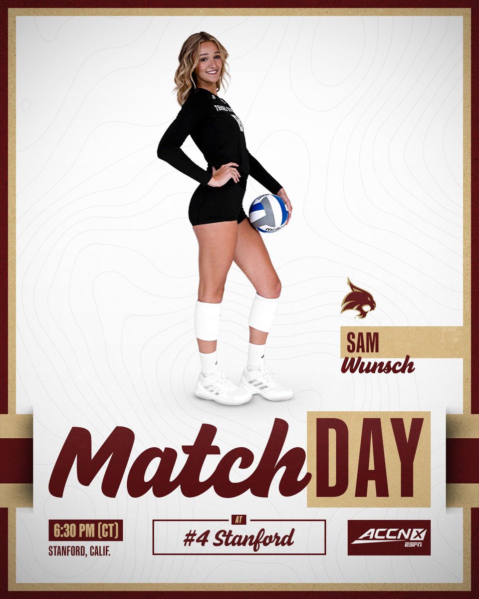 TexasStateVball's tweet photo. MATCH DAY ‼️

🆚 #4 Stanford
⏰ 6:30 pm (CT) / 4:30 pm (PT)
📍 Stanford, California
📺  ACC Network Extra https://t.co/1m7SjYcU56