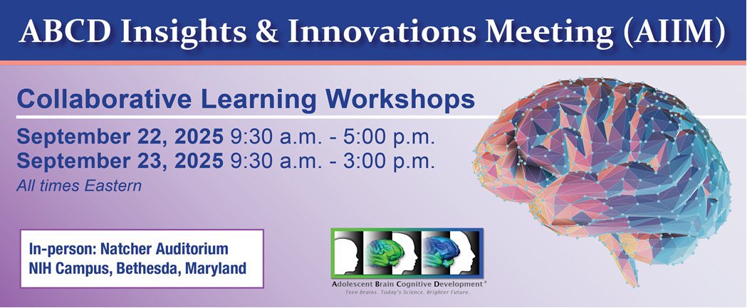 This Monday 9/22 &amp; Tuesday 9/23: ABCD Insights &amp; Innovations Meeting <a href="/NIH/">NIH</a> in Bethesda, MD (in-person only). This year’s AIIM will include workshops and Q&amp;A sessions for ABCD data users at all levels to connect &amp; give input on the #ABCDstudy’s future. abcdstudy.org/meeting