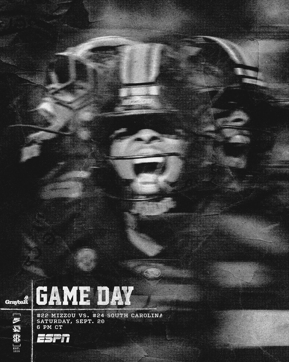 MizzouFootball's tweet image. It’s Gameday in Columbia ‼️

🆚 South Carolina  
🗓️ Saturday, Sept. 20th
⏰ 6 p.m. CT
📺 ESPN

#MIZ | #STP
