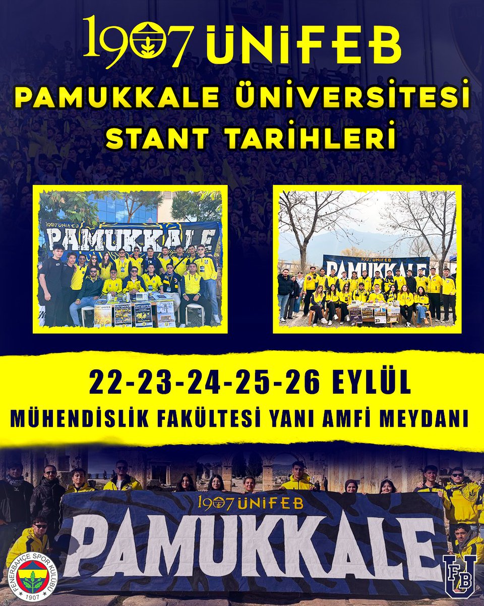 1907 ÜNİFEB Pamukkale Üniversitesi örgütlenmesi olarak 2025-2026 Güz Dönemi stant tarihlerimiz yukarıdaki gibidir. Üniversitemizde bulunan tüm Fenerbahçeli arkadaşlarımızı bekliyoruz.
#HaydiSenDeGelKatılBize