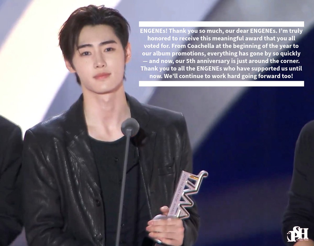 PSHGlobalTeam's tweet photo. [TMA] 250920

Sunghoon’s full speech for winning the Today’s Choice Award at The Fact Music Awards 🤍

ENHYPEN BURNS WITH DESIRE ON TMA
#ENHYPENon2025TMA

#엔하이픈_성훈 #ENHYPEN_SUNGHOON 
#성훈 #SUNGHOON @ENHYPEN_members https://t.co/4lrwDDUxbm