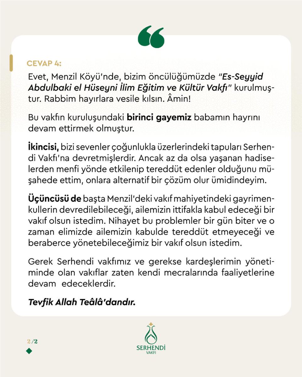 Menzil Köyü’nde Yeni Vakıf Kuruldu! 

Seyyid Muhammed Saki Elhüseyni Hazretleri (K.S): “Birinci gayemiz babamın hayrını devam ettirmek, ikincisi ise tereddüt edenlere alternatif çözüm sunmaktır.”