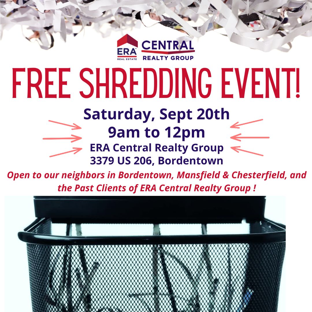 Come out to our free shred event happening until 12 pm today at our Bordentow office at 3379 US 206. #bepartofsomethingbigger #moveup #eracentral #teamera